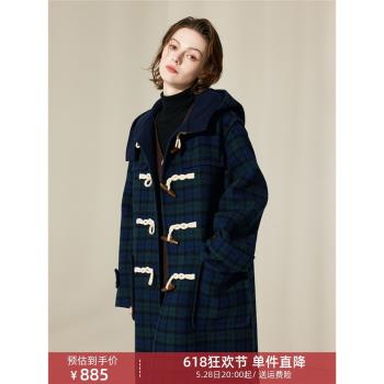 連帽牛角扣雙面羊絨大衣女中長款2024年秋冬季新格子羊毛毛呢外套