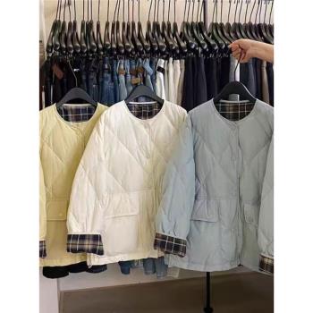 20709超好看韓系復古格子卷邊袖菱格圓領羽絨服小個子白鴨絨外套