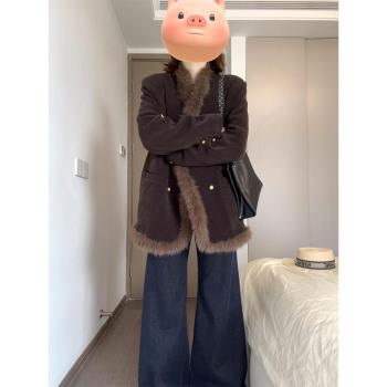 美拉德復古棕色毛毛領外套女2025春季季新款加厚保暖短款氣質上衣