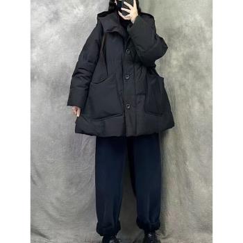 20548慵懶風大口袋胖MM大碼連帽羽絨服寬松時尚保暖90白鴨絨外套
