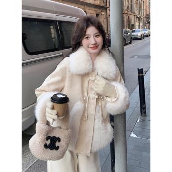 白色新中式國風盤扣拼接毛絨羽絨服女2024冬季新款設計感小眾外套