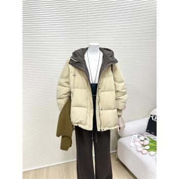 米黃色學院風連帽羽絨服女款2024年冬季新款小個子白鴨絨保暖外套