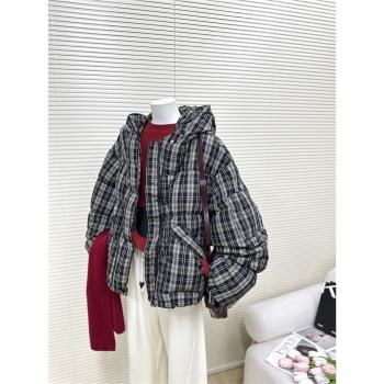 黑色復古格紋羽絨服女2024年冬季新款小個子短款白鴨絨麵包服外套