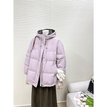 紫粉色學院風連帽羽絨服女款2024年冬季新款小個子白鴨絨保暖外套