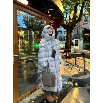 韓國東大門羽絨服女中長款過膝雲朵泡芙感章魚連帽寬松白鴨絨外套
