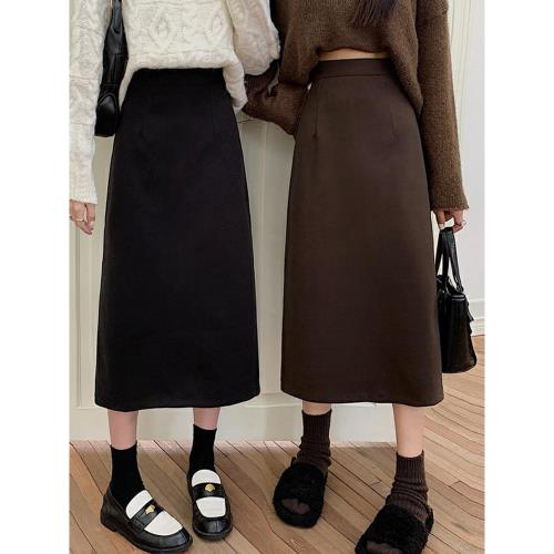 黑色毛呢半身裙冬季大碼梨形身材穿搭顯瘦遮肚子中長款開叉a字裙