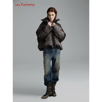 uuyummy2024冬季高階豹紋短款羽絨服女寬松廓形90白鴨絨復古外套