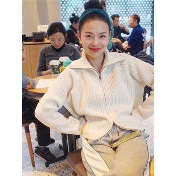 雙半拉鏈翻領毛衣開衫女外搭秋冬季打底衫內搭加厚羊毛衫針織外套