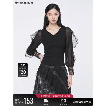 sdeer聖迪奧春秋裝女裝復古V領網紗蕾絲拼接修身針織衫S22183513