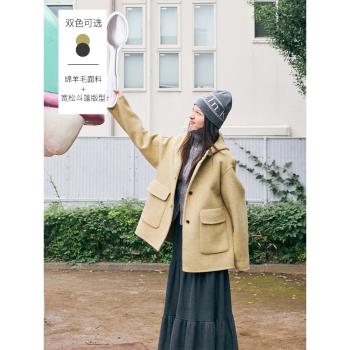 鹿與飛鳥[迷失東京]小鬥篷雙面呢|70羊毛復古連帽A型大衣6295