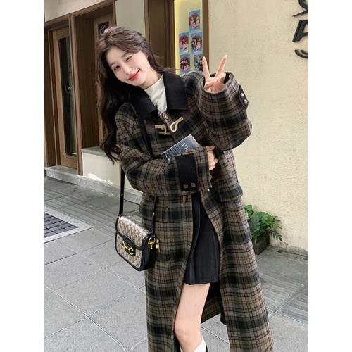 韓系復古格紋牛角扣毛呢外套女2025冬新款學院風中長款加厚呢大衣