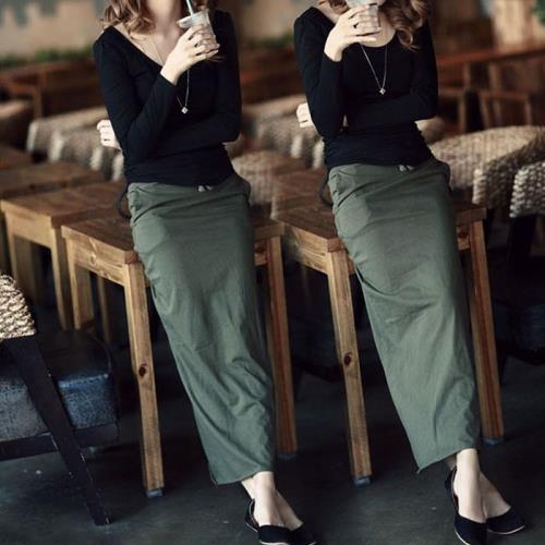 春秋新款女裝復古港味包臀半身長裙直筒裙修身軍綠色休閑百搭裙棉