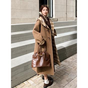 美拉德牛角扣雙面羊絨大衣女2024冬季新款韓系寬松兩面穿毛呢外套