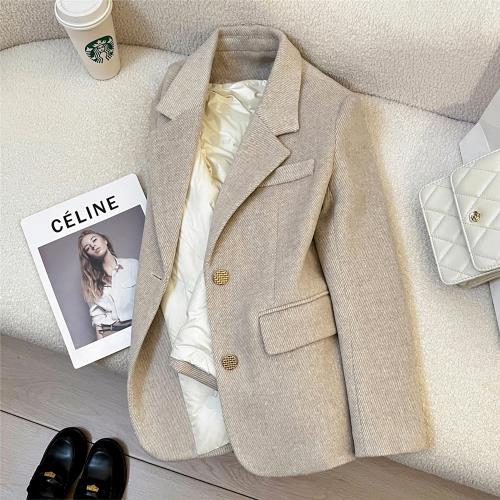 米灰色毛呢西裝外套女2025冬季新款高級感通勤英倫風羽絨內膽西服