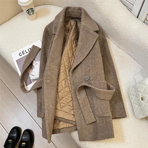 2025新款冬季淺咖色系帶毛呢西裝外套女韓系內里夾棉高級通勤西服