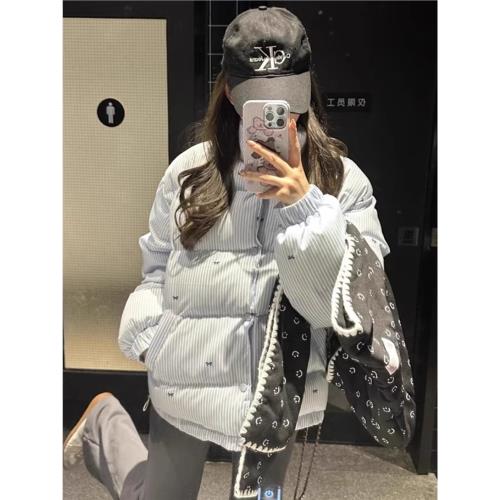 條紋蝴蝶結羽絨棉服女2025新款冬季短款加厚保暖美式棉衣立領外套
