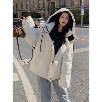 白色工裝連帽羽絨棉服女2024冬新款小個子麵包服加厚保暖棉衣外套