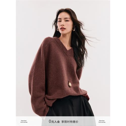 初棉羊毛兔毛V領寬松毛衣 24冬季疊穿落日紅慵懶高級感羊毛衫女