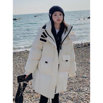 白色連帽羽絨服女2024新款冬季厚外套韓系工裝90白鴨絨麵包服爆款