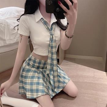 jk復古夏季上衣格子制服百褶短裙