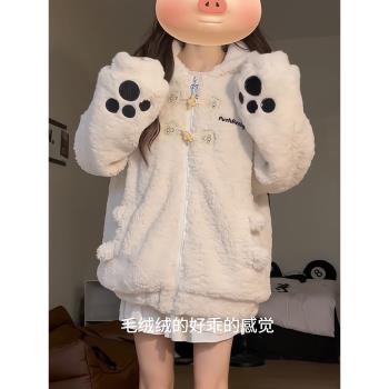 可愛兔子手爪大耳朵羊羔毛外套女冬季甜美軟妹牛角扣加絨加厚棉服
