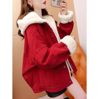 羊羔毛絨牛仔外套女冬季寬松短款初高中生大童加絨加厚派克服棉衣