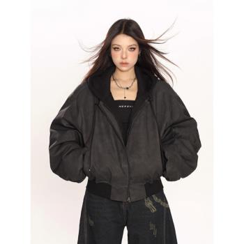 假兩件連帽PU皮夾克棉服男女秋冬oversize情侶美式飛行服夾棉外套