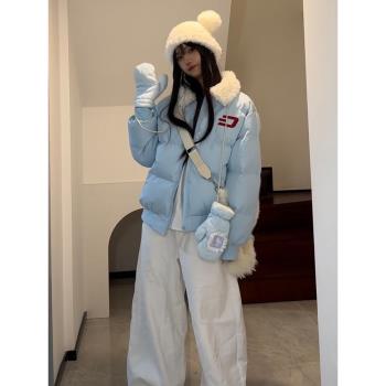 羊羔毛翻領短款棉服女冬季新款寬松學院風棉衣外套加厚保暖麵包服