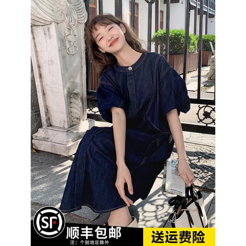 港風復古天絲軟牛仔連衣裙女夏2026新款寬松顯瘦休閑泡泡袖薄裙子