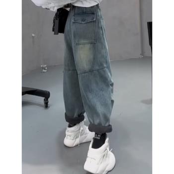 藍色加絨加厚工裝牛仔褲女潮ins春季洋氣時尚高腰彈力寬松闊腿褲