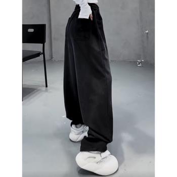 衛褲漸變彎刀加絨加厚休閑褲女潮ins春季時尚胖mm高腰寬松闊腿褲