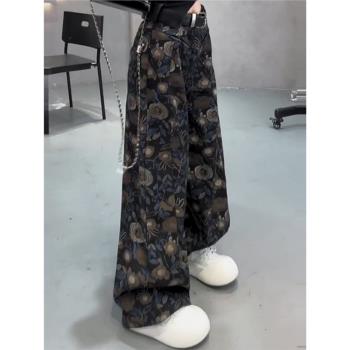乾枯玫瑰加絨加厚直筒牛仔褲女潮ins洋氣時尚春季高腰寬松闊腿褲