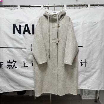 高階感連帽長款2024年新款雙面羊絨大衣女牛角扣美拉氣質外套韓版
