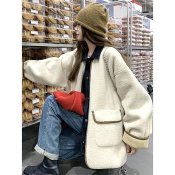 高階感牛仔拼接羊羔毛絨外套女冬季2025新款爆款皮毛一體時髦洋氣