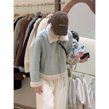 韓系冬季翻領羊羔毛加厚保暖鹿皮絨外套女小個子皮毛一體拉鏈上衣