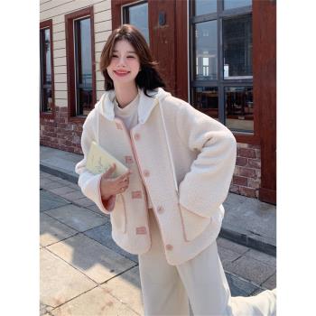 粉色兩面穿連帽羊羔毛外套女秋冬學院風奶fufu皮毛一體羊羔絨棉服