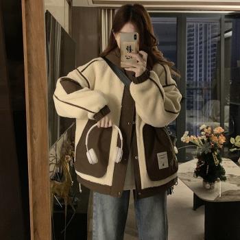 加絨加厚外套少女秋冬裝2024新款初中高中學生寬松工裝羊羔毛棉衣