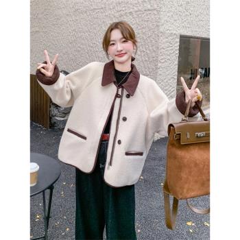燈芯絨拼接皮毛一體羊羔毛絨外套女冬季2025新款小個子爆款流行