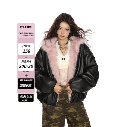 BIGGOLD美式pu皮衣粉色毛領座山雕棉服外套女冬季加厚保暖棉襖潮