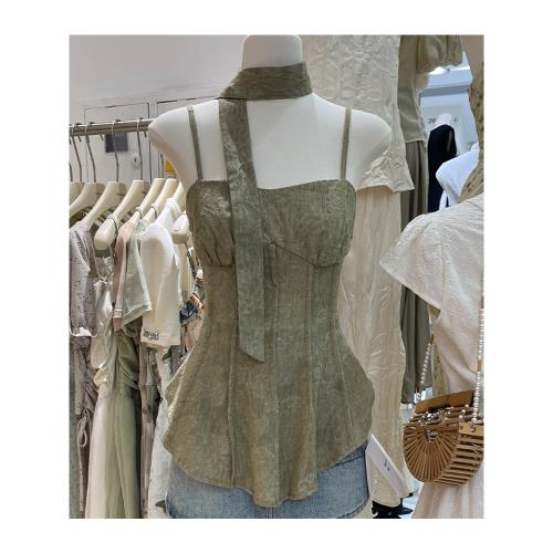 高級感綠色無袖吊帶背心女夏季新款法式別致短款外穿收腰內搭上衣