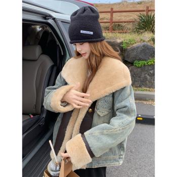 羊羔毛拼接牛仔派克服女冬季2025新款工裝棉服爆款棉衣流行棉襖
