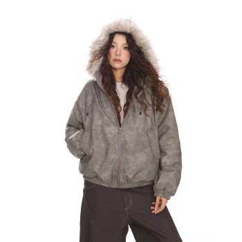 BIGGOLD美式毛領連帽皮衣棉服外套女冬季設計感派克服保暖棉襖潮