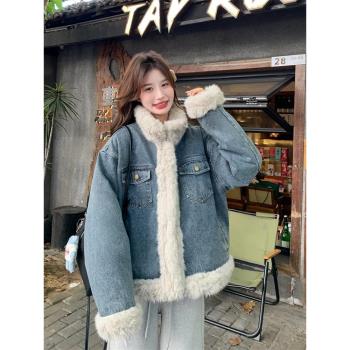 羊羔毛拼接牛仔棉服外套女秋冬2025新款加絨加厚派克服棉衣爆款
