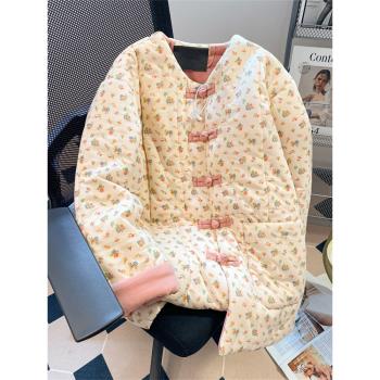 國風新中式盤扣棉衣棉服女秋冬季加厚保暖夾棉外套小個子碎花棉襖