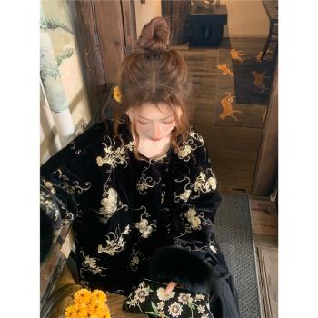 SYA奚小西 黑金色新中式國風羽絨服女冬季高階感狐貍毛絲絨外套