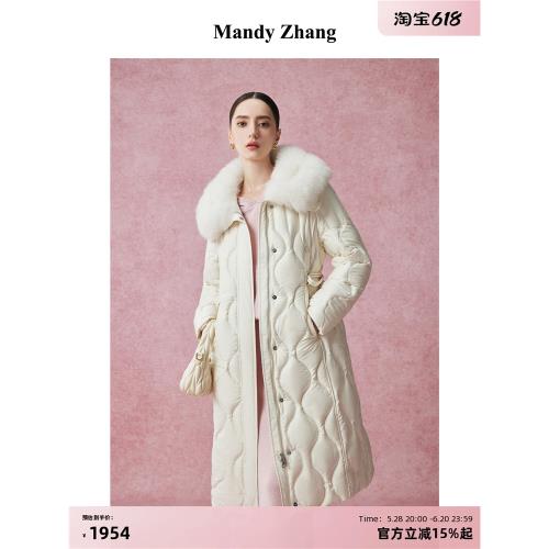 MandyZhang法式高級感白色90白鴨絨羽絨服女氣質狐貍毛領長款外套