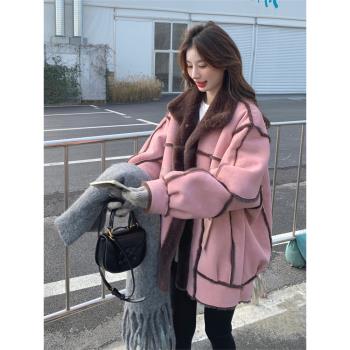 皮粉色羊羔毛外套女秋冬麂皮絨皮毛一體爆款派克服絕美獨特設計感
