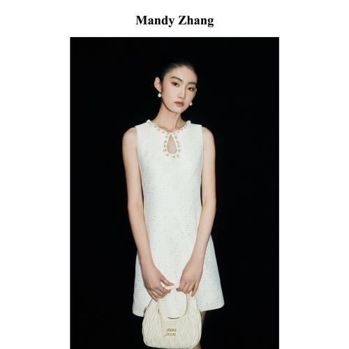 MandyZhang法式釘珠白色小香風連衣裙女水滴領無袖背心短款裙子
