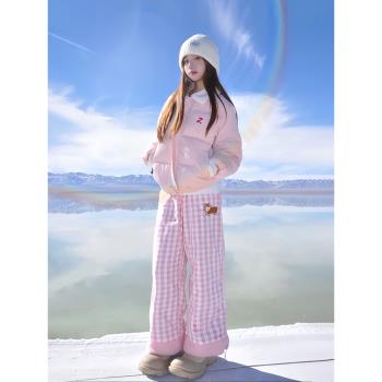 粉紅色搖粒絨羽絨棉褲女冬季加絨加厚羊羔毛褲子哈爾濱防寒滑雪褲