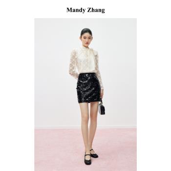 MandyZhang法式設計重工黑色亮片半身裙女春季高階感顯瘦短款裙子